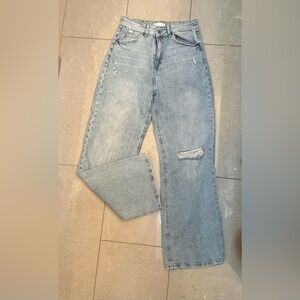 H&M Light Blue Straight Leg Jeans with Distressed Detail